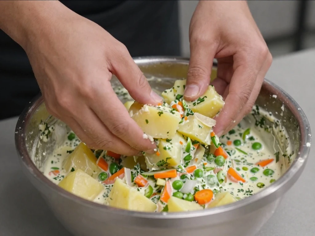 Vegetables being gently folded with creamy potato salad dressing