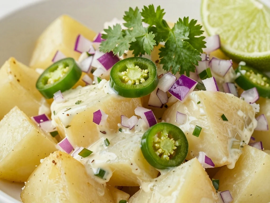 Close-up of garnished Mexican potato salad with lime and cilantro