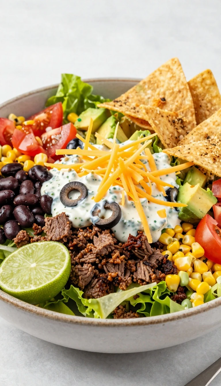 Mexican Ranch Salad Recipe with Beef, Beans, Corn, and Crunchy Chips