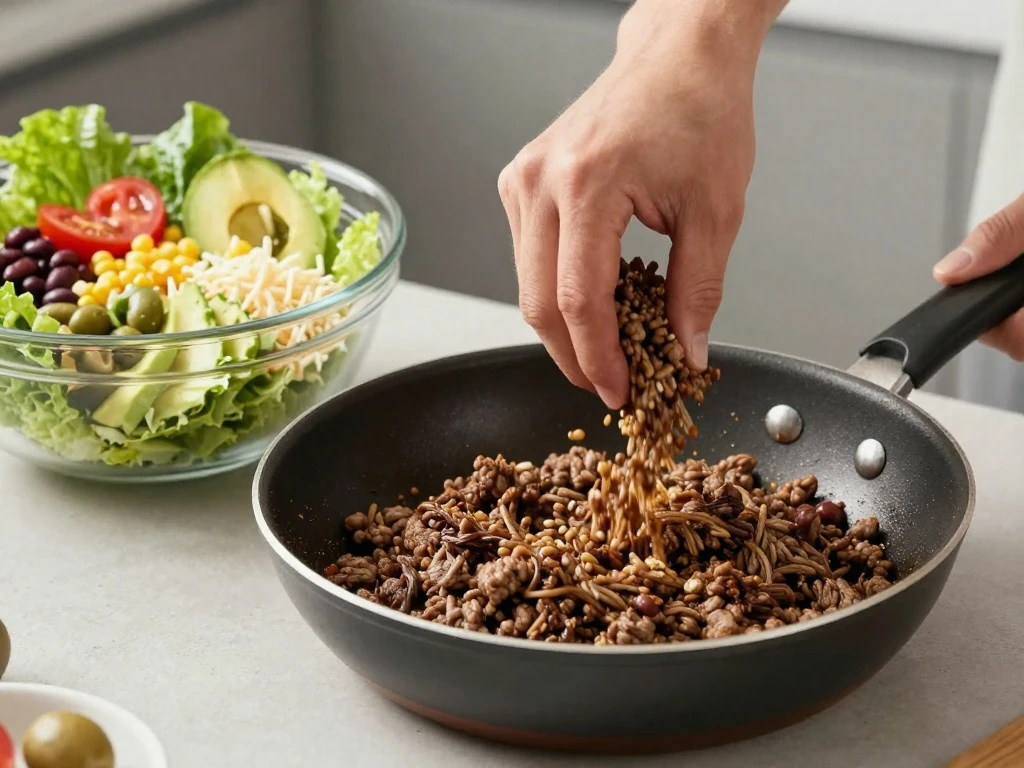Seasoned ground beef cooking for Mexican ranch salad