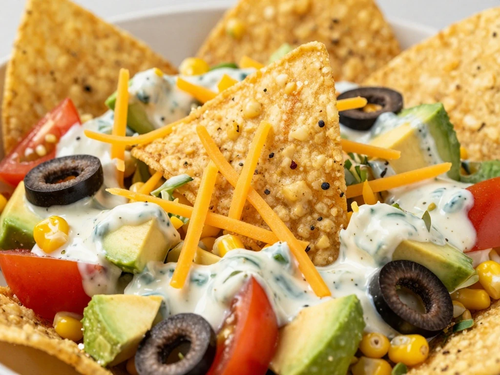 Crispy tortilla chips topping Mexican ranch salad
