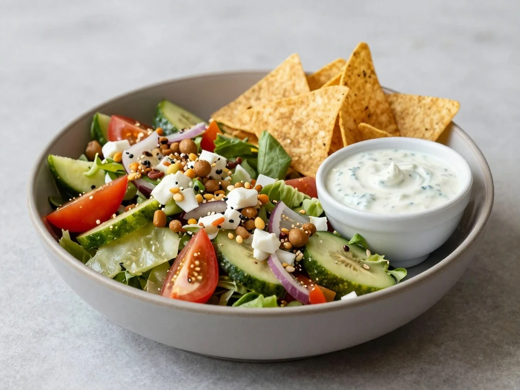Mexican ranch salad ready to serve with dressing and chips