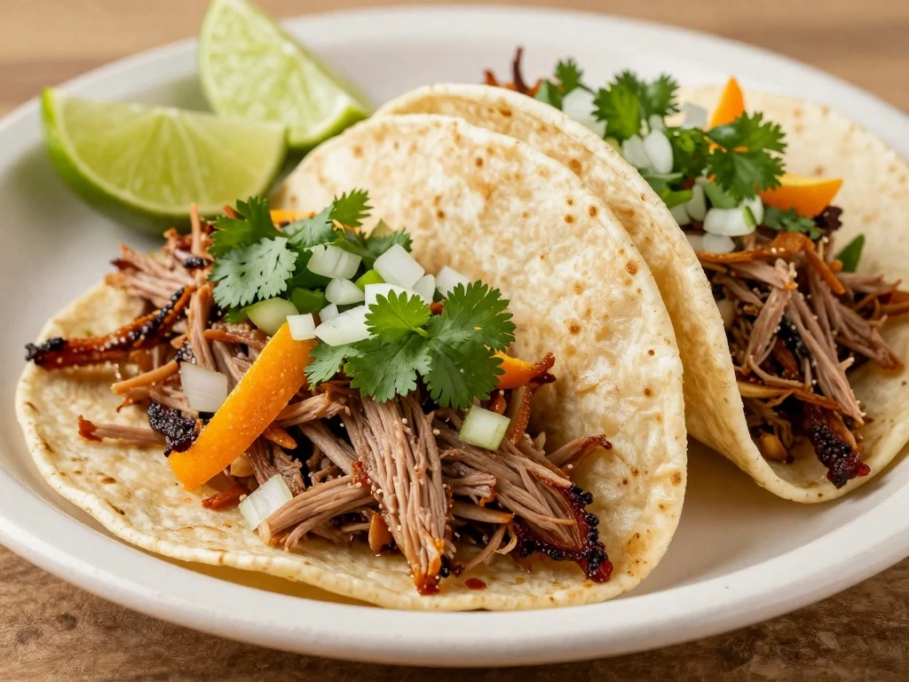 Crispy Mexican shredded pork tacos with citrus and fresh toppings