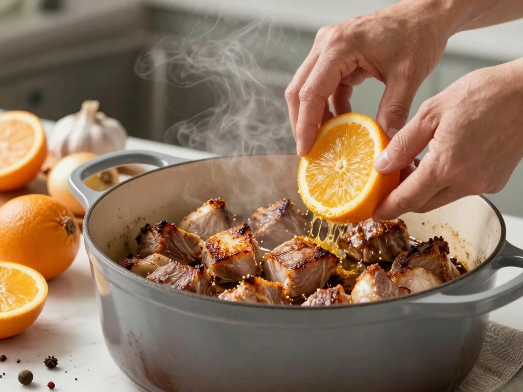 Pork shoulder browning in a Dutch oven for Mexican shredded pork