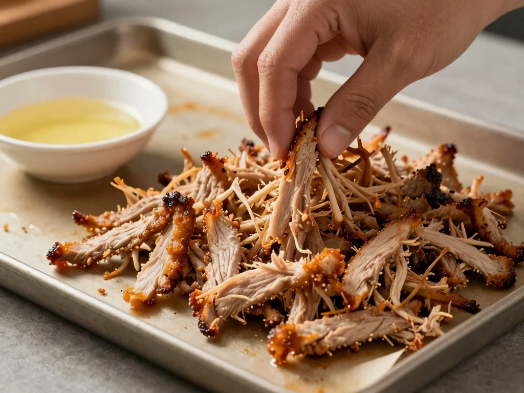 Shredded pork being crisped for carnitas-style texture