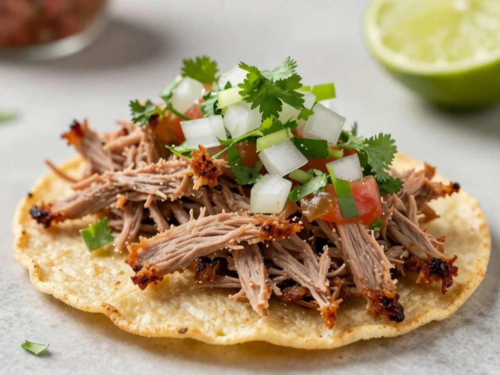 Mexican shredded pork taco with cilantro onion salsa and lime
