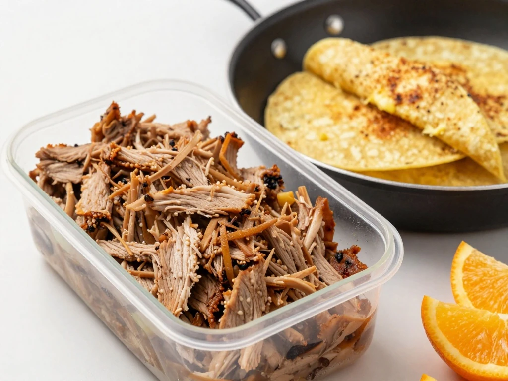 Stored and reheated Mexican shredded pork ready to serve
