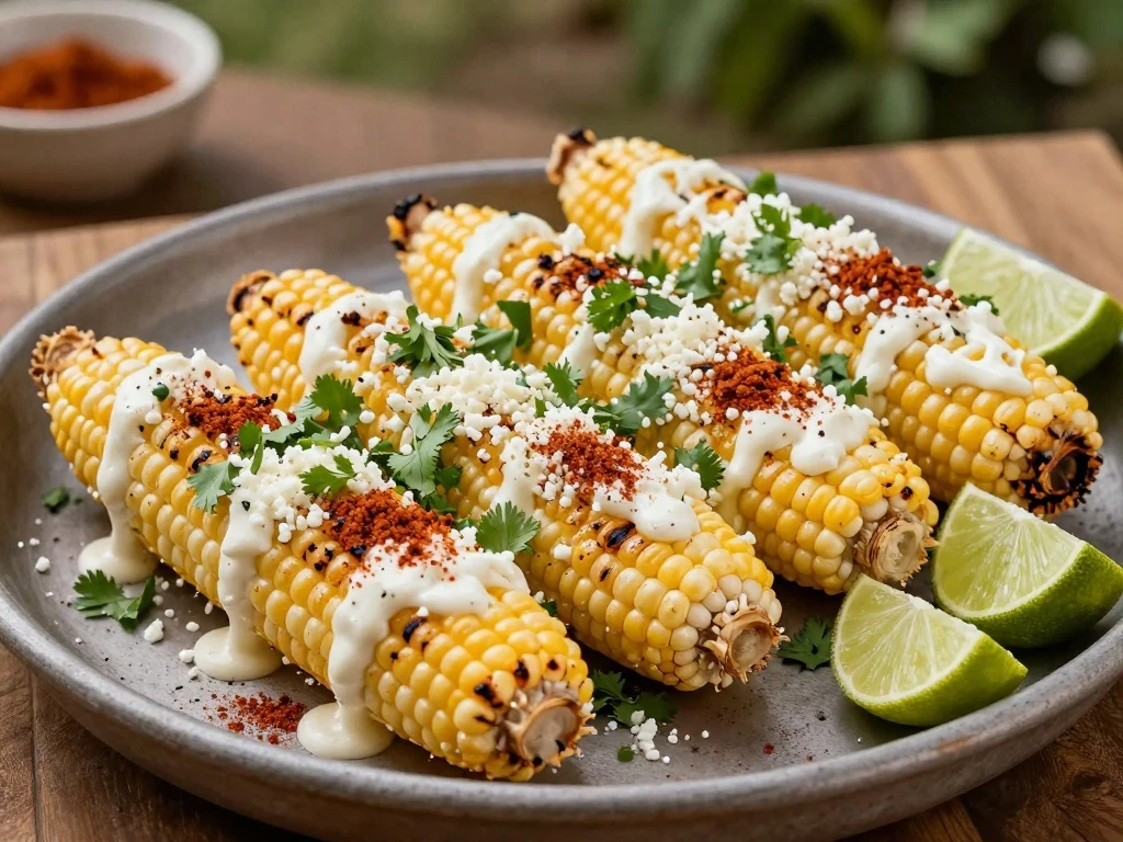 Classic Mexican street corn elote arranged on a platter with lime and cotija