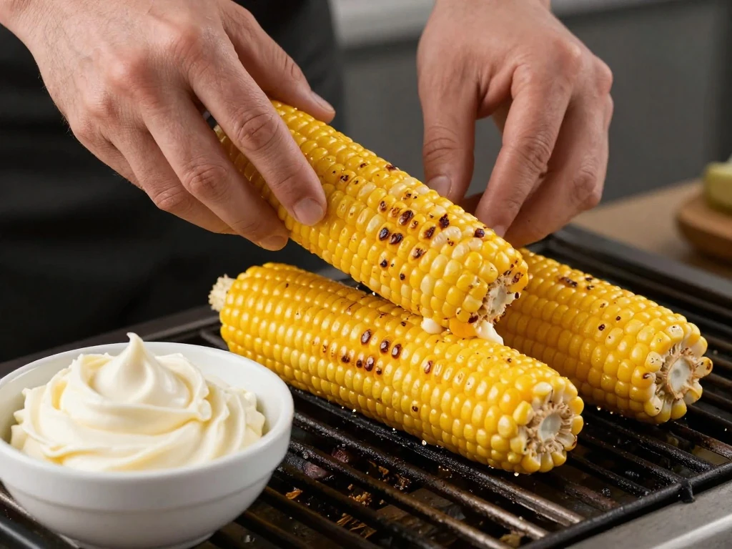 Corn grilling for Mexican elote with smoky char marks