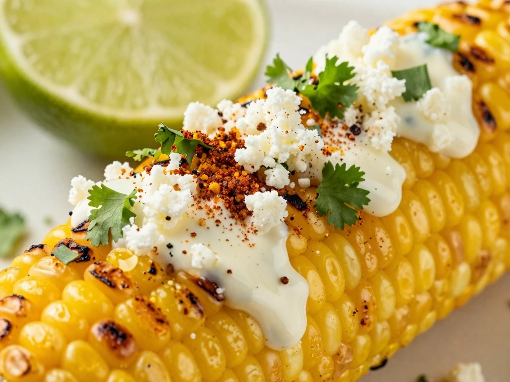 Cotija cheese and chile powder coating hot grilled corn