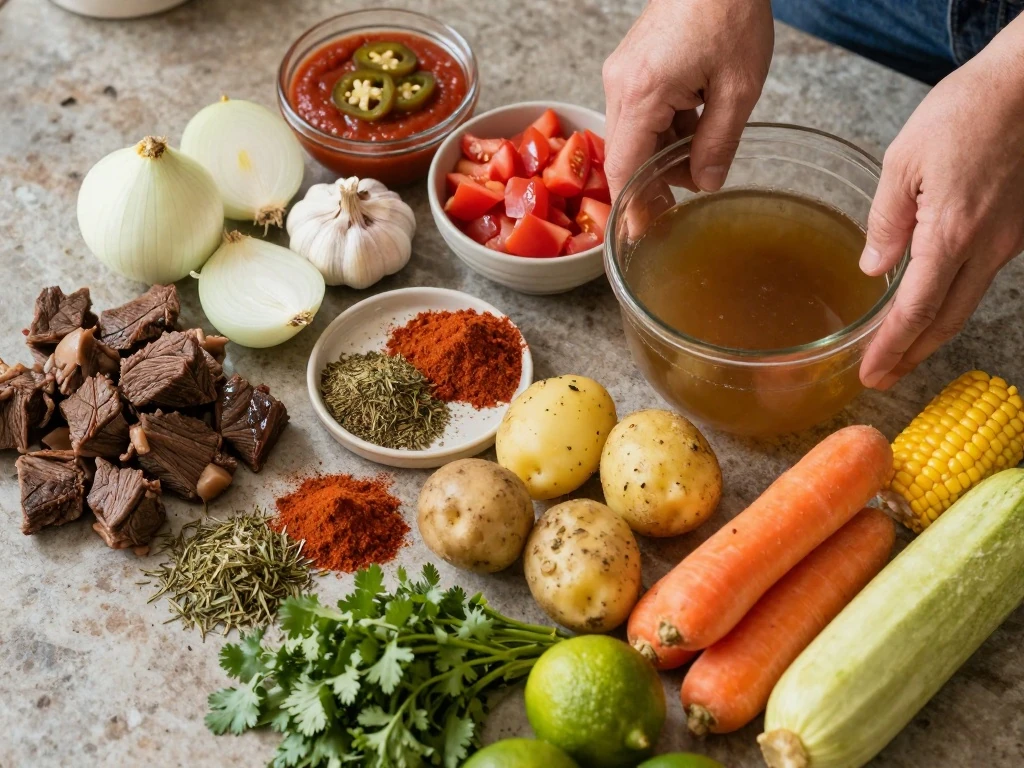 Ingredients arranged for easy Mexican beef stew
