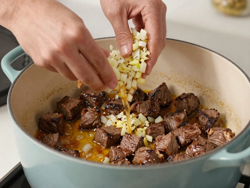 Beef browning in a Dutch oven for Mexican beef stew