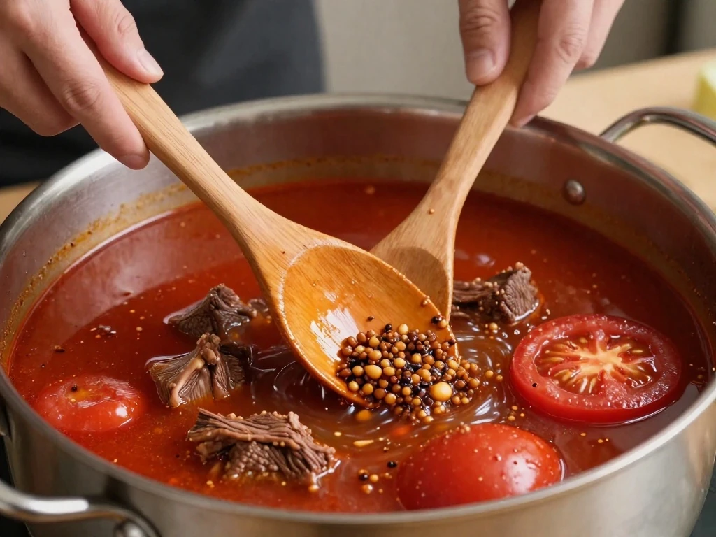 Scraping browned bits into the stew broth