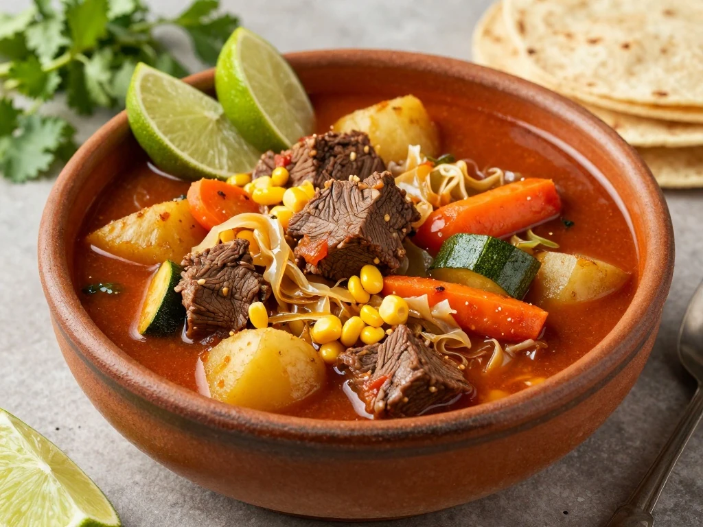 Bowl of Mexican beef stew with lime and cilantro