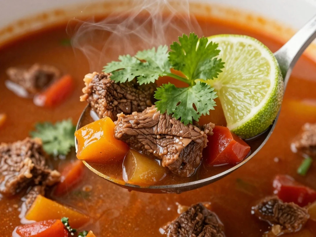 Close-up of tender beef stew with cilantro and lime