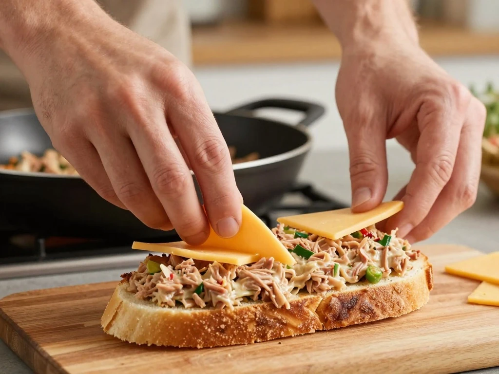 Assembling tuna salad and cheese for a Mexican tuna melt