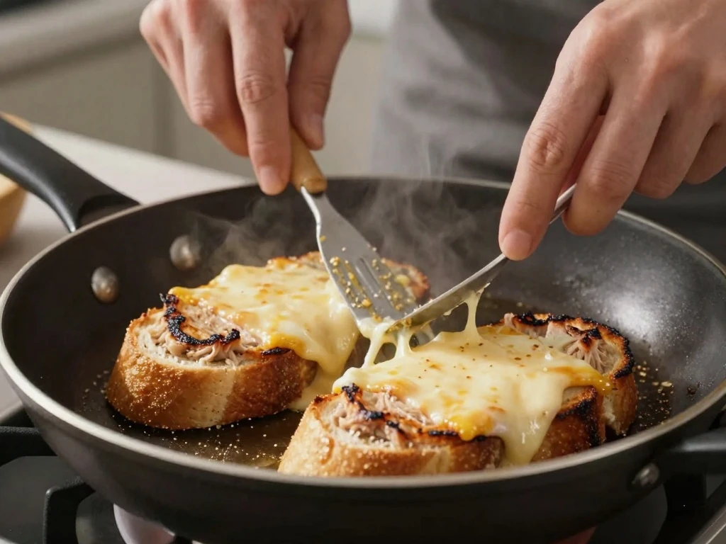 Tuna melts browning in a skillet until crisp and cheesy