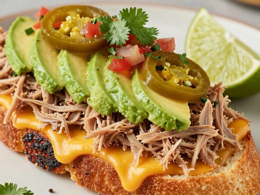 Mexican tuna melt served with salsa avocado jalapeños and lime