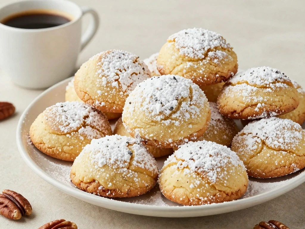A platter of powdered sugar Mexican Wedding Cookies with pecans