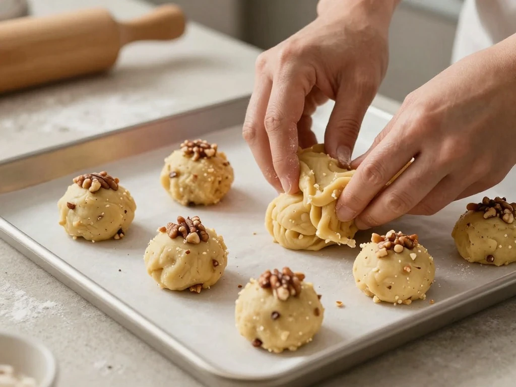 Pecan cookie dough balls arranged on a parchment-lined baking sheet