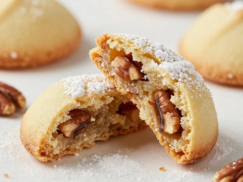 Close-up of the tender pecan crumb inside a Mexican Wedding Cookie