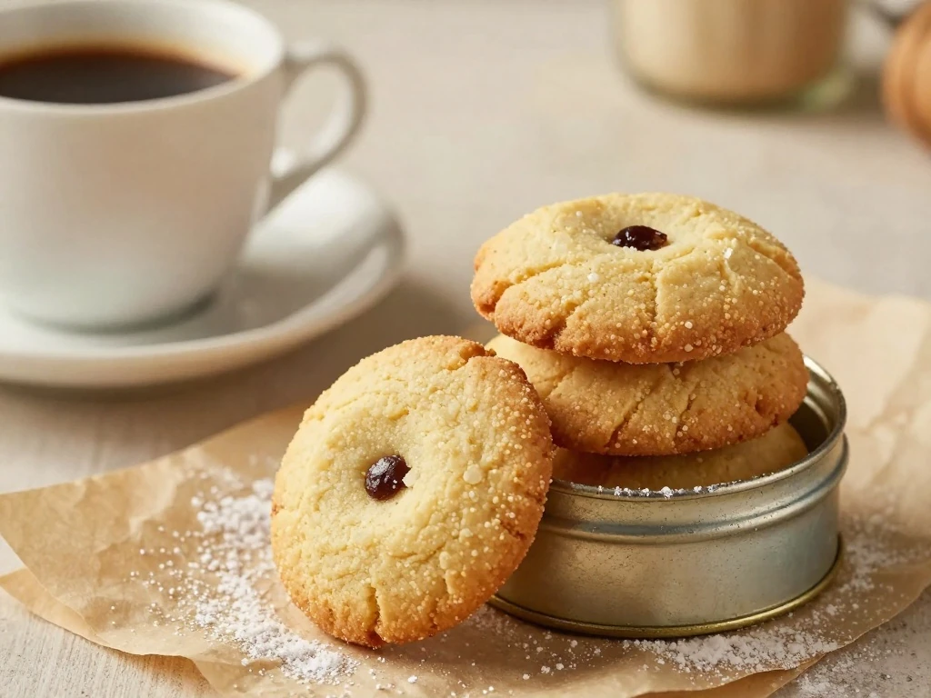 Mexican Wedding Cookies stored in a tin beside coffee
