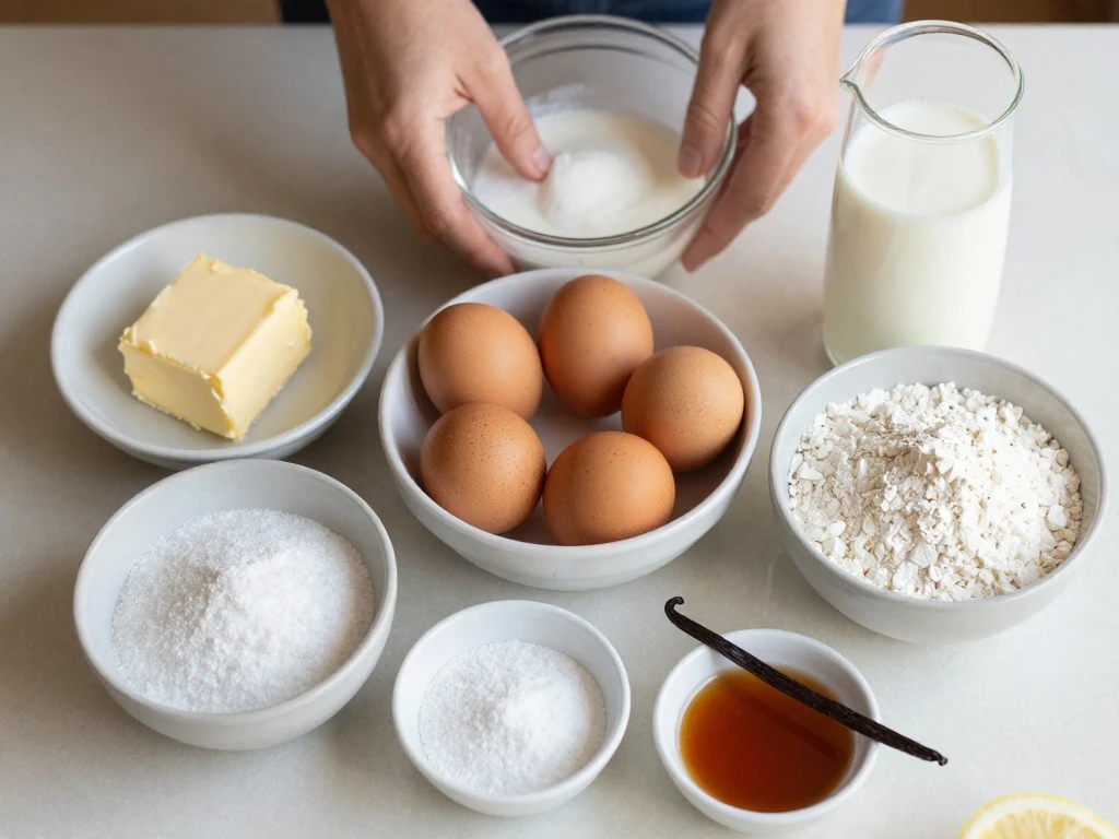 Ingredients for homemade Mile High Pound Cake arranged on a counter