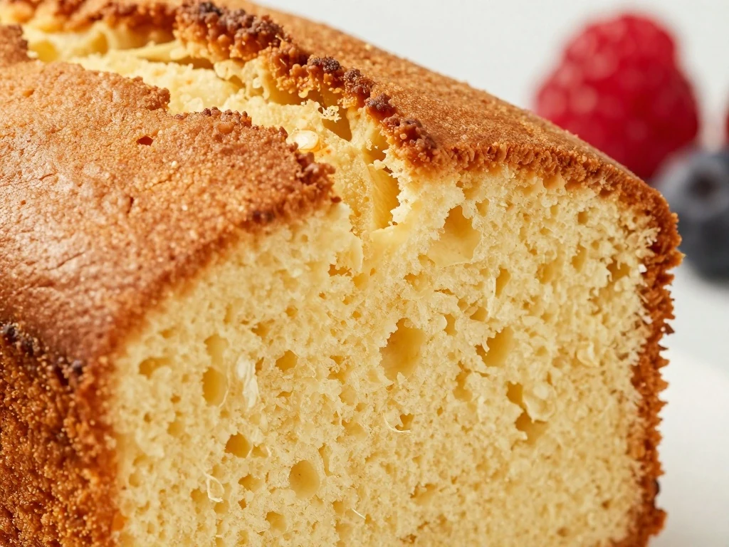 Close-up view of the tender crumb and golden crust of pound cake