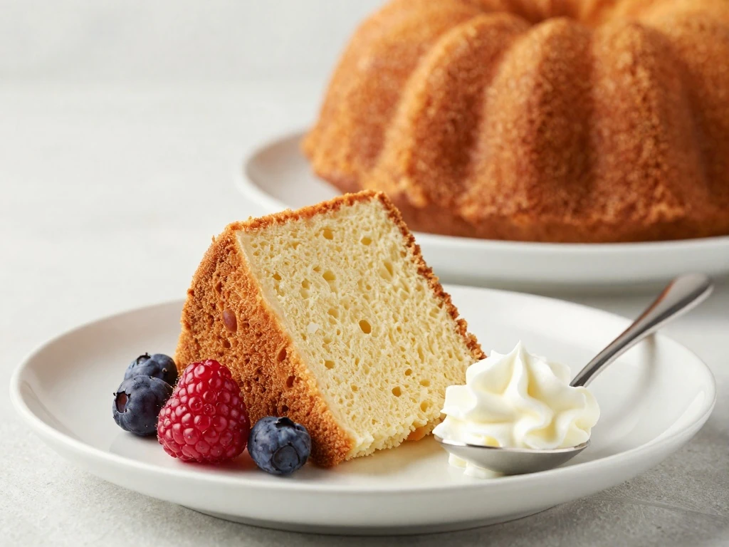 Mile High Pound Cake served with berries and whipped cream