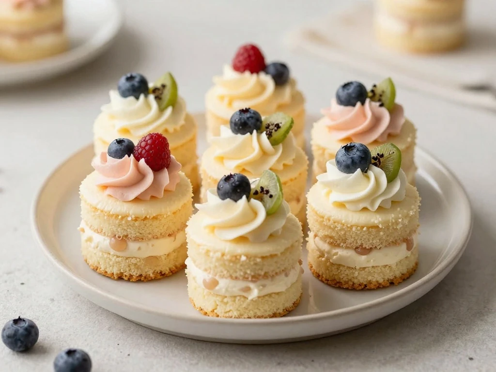 Six decorated vanilla mini cakes arranged on a serving platter