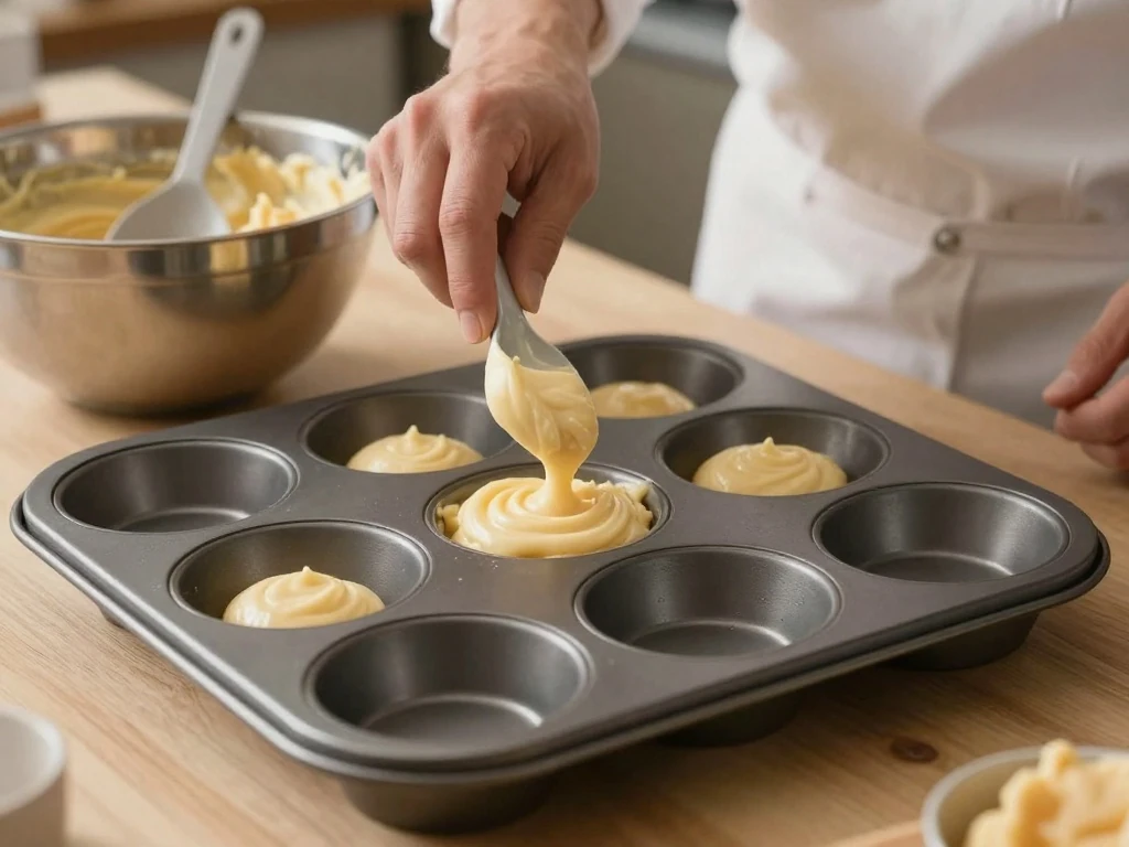 Vanilla mini cake batter being portioned into a muffin pan