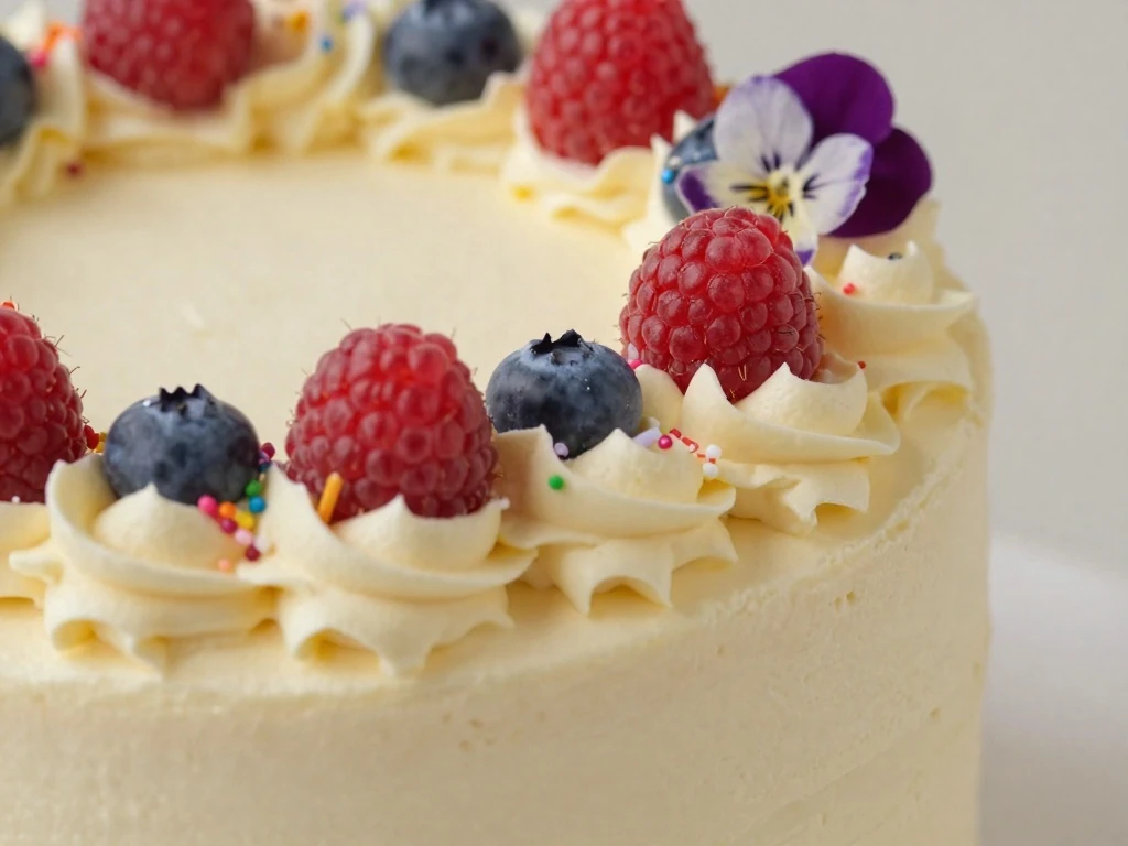 Mini cake decorated with buttercream, berries, sprinkles, and an edible flower