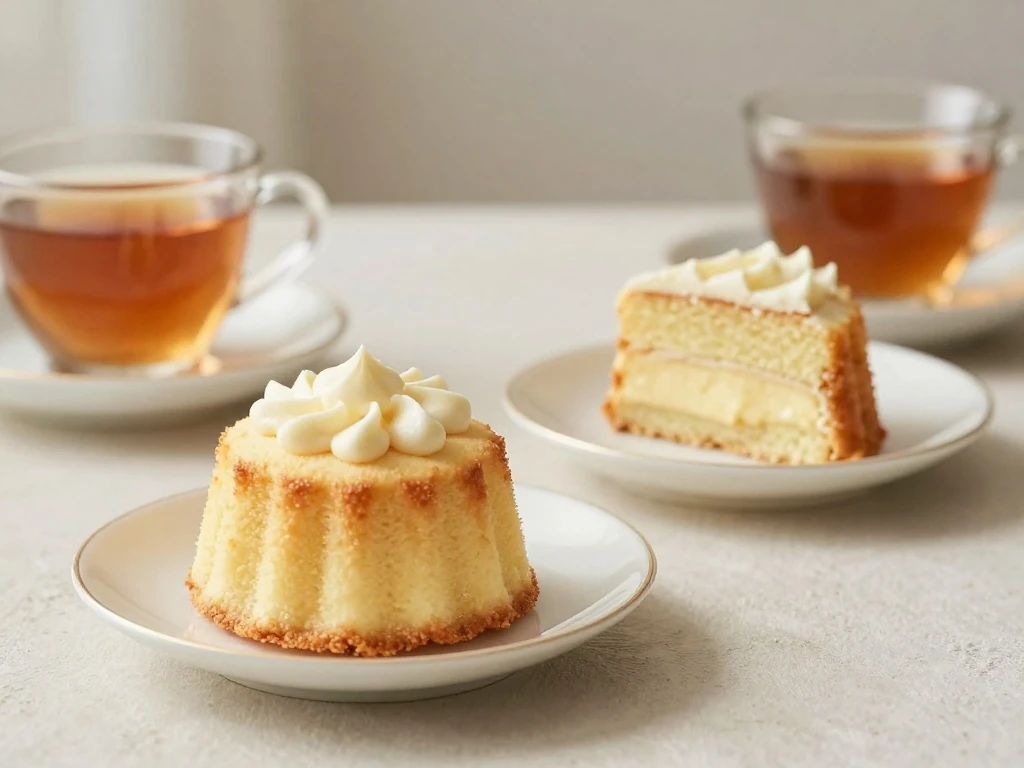 Mini vanilla cakes served with tea and showing their layered centers