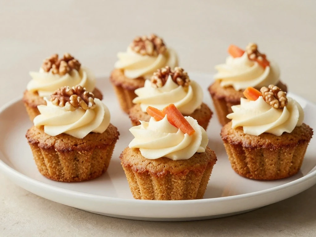 Mini carrot cakes with cream cheese frosting arranged on a serving platter