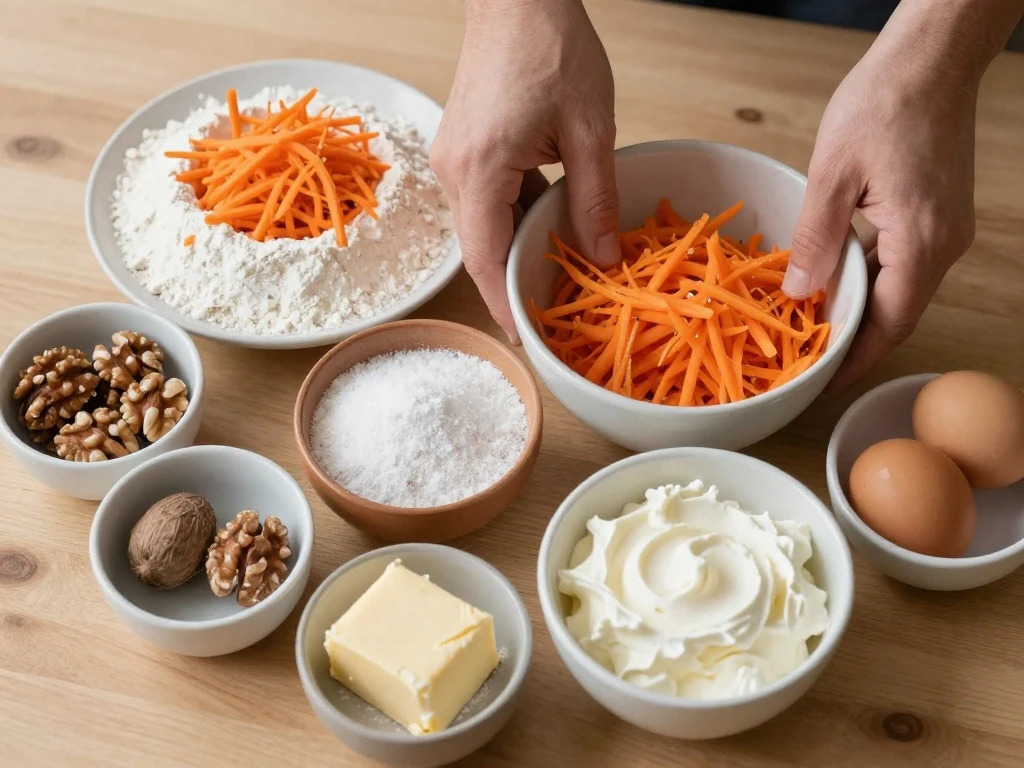 Ingredients for homemade mini carrot cake and cream cheese frosting