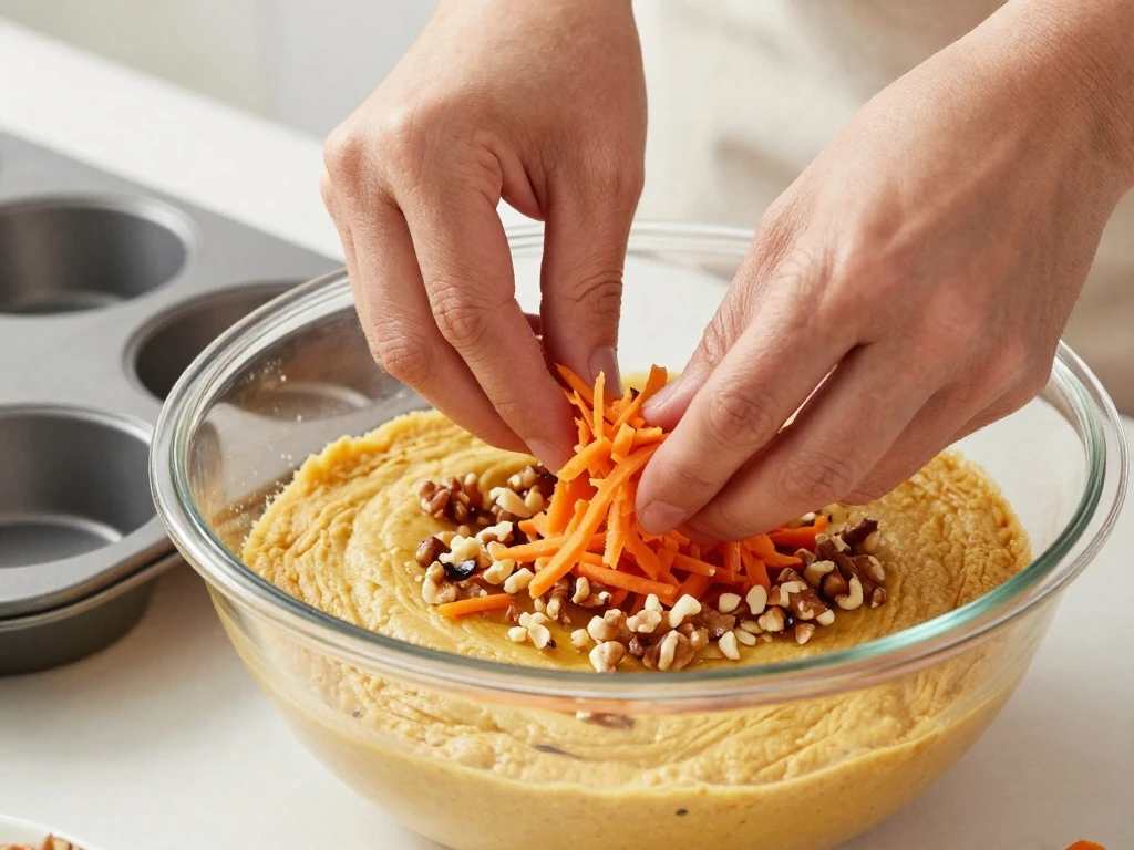Folding grated carrots and walnuts into mini carrot cake batter