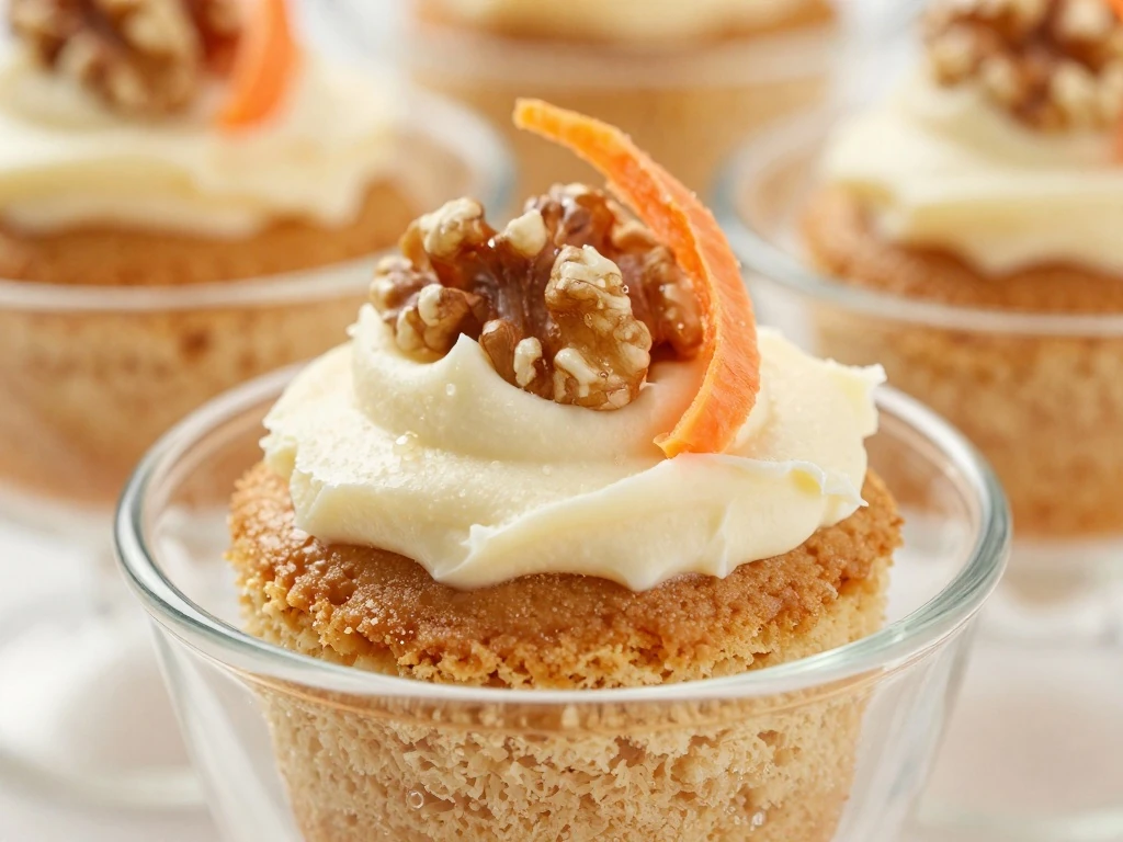 Stored mini carrot cake with cream cheese frosting and walnut garnish