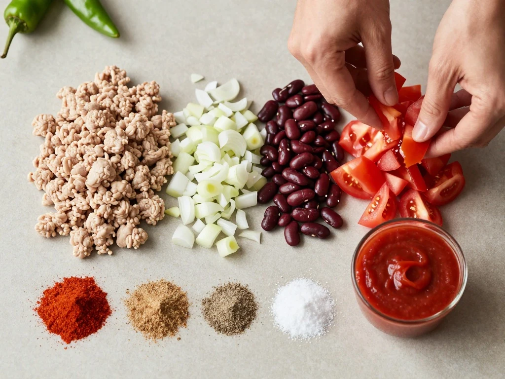Ingredients for a quick chili recipe arranged on a counter