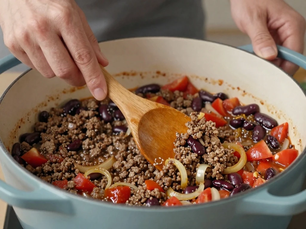Stirring ground meat and tomato ingredients for quick chili