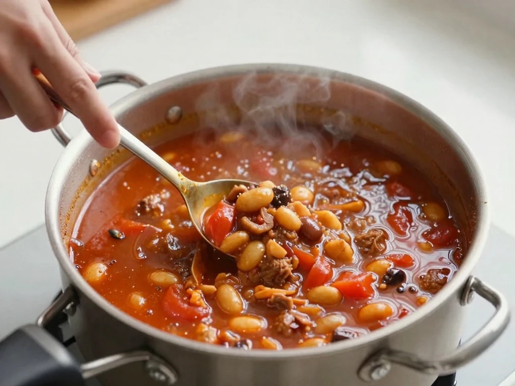 Quick chili simmering uncovered in a saucepan