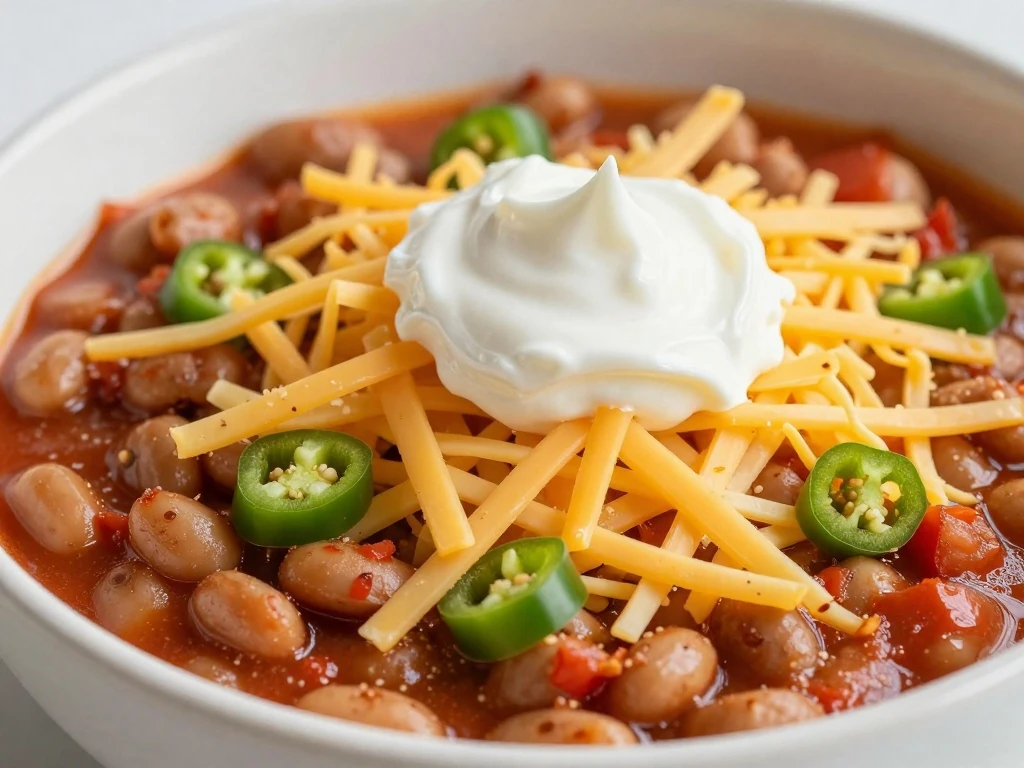 Diet-friendly chili topped with cheese sour cream and green pepper