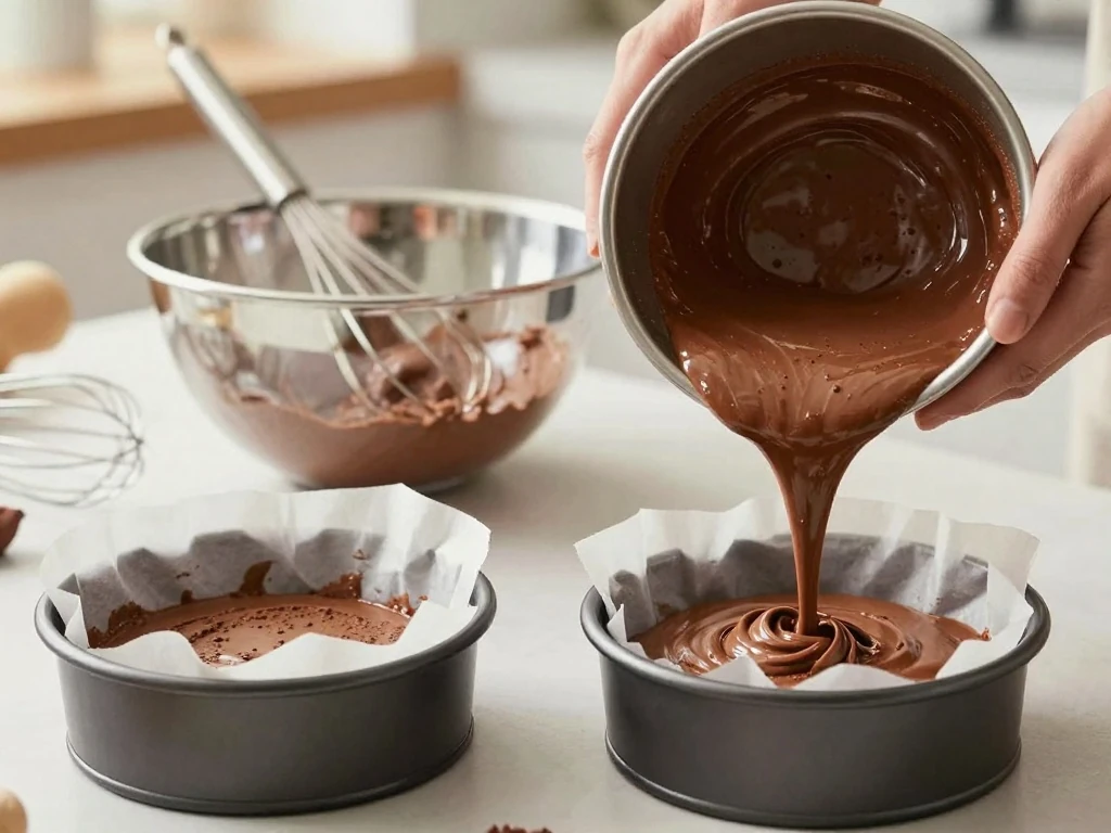Chocolate cake batter divided between round cake pans