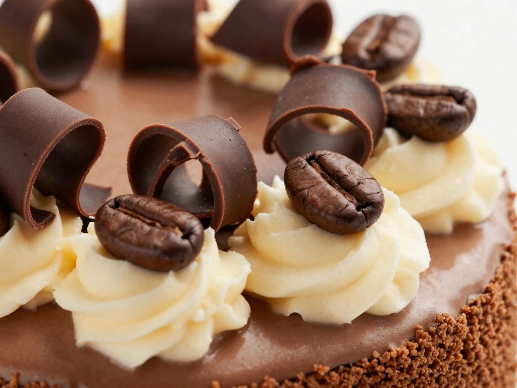 Mocha cake decorated with chocolate curls and coffee beans