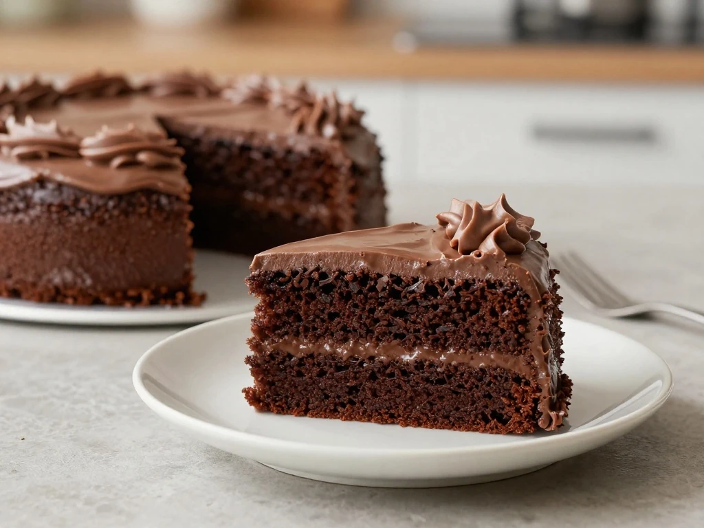 Stored mocha cake with a slice ready to serve