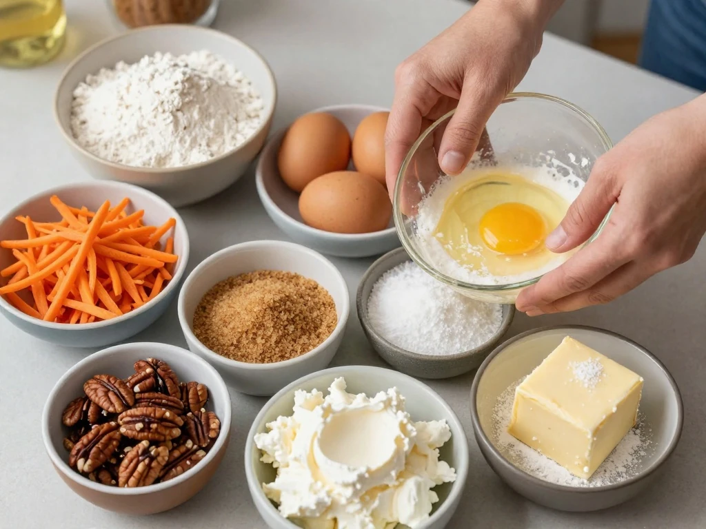 Ingredients for easy moist carrot cake and cream cheese frosting