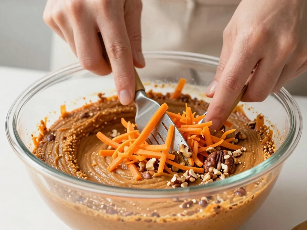 Folding grated carrots and nuts into carrot cake batter