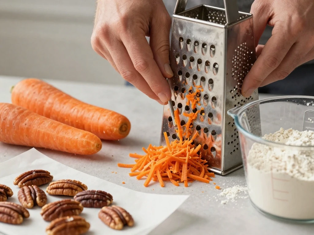 Freshly grated carrots and toasted pecans for moist carrot cake