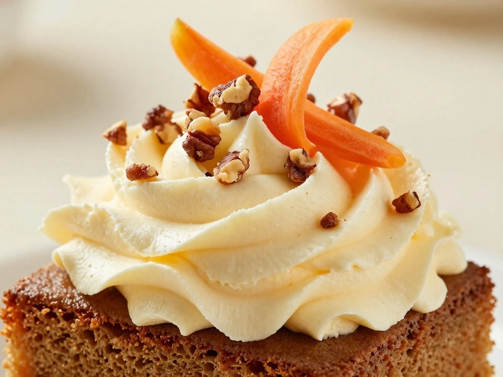 Cream cheese frosted carrot cake decorated with pecans and carrot curls