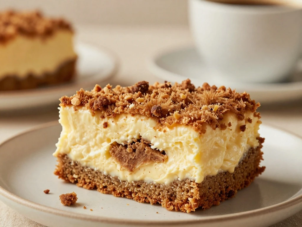 Slice of moist coffee cake with cinnamon streusel