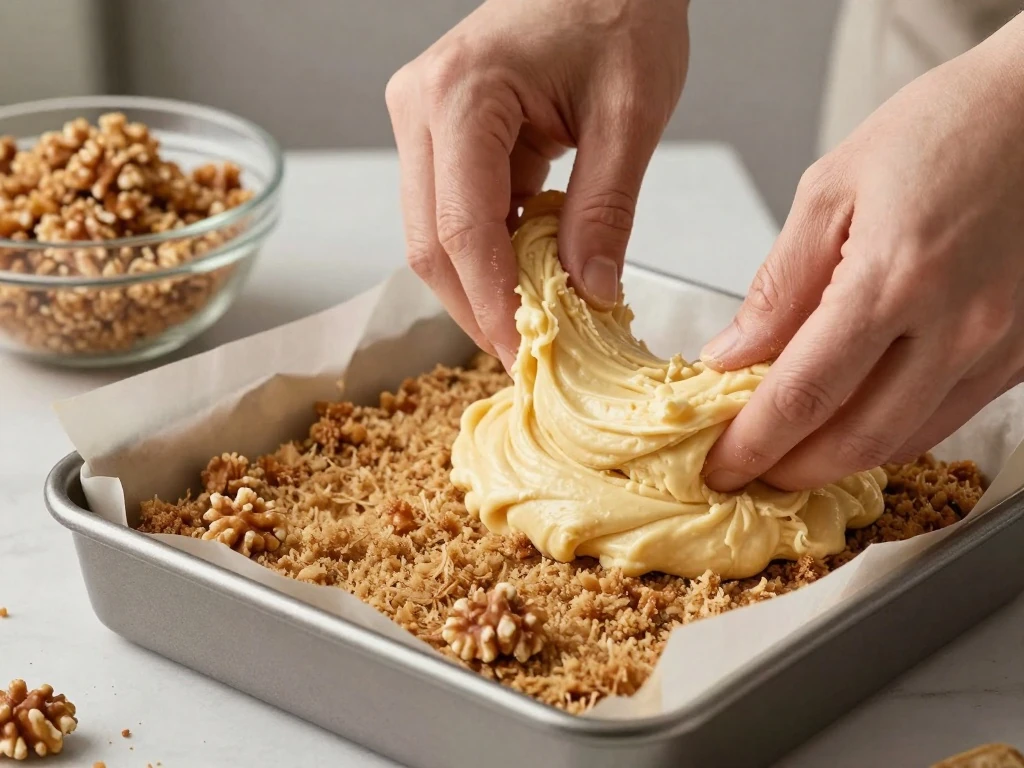 Layering coffee cake batter and cinnamon streusel